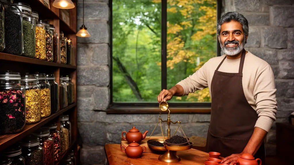 A smiling tea blender weighing loose tea on a brass scale in a granite-walled shop lined with glass jars.
